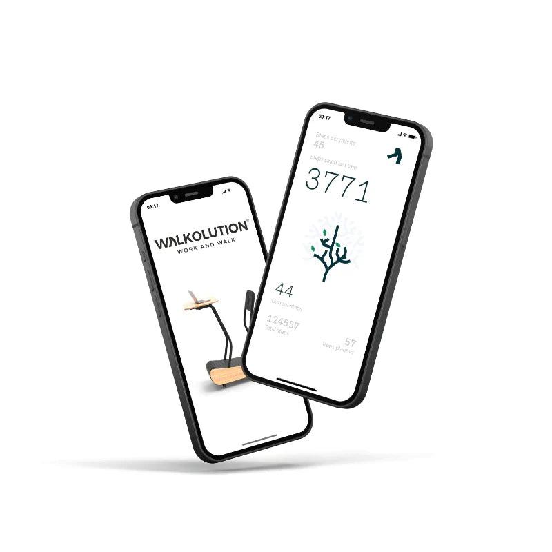 Two smartphones display screens related to Walkolution: one shows a wooden treadmill with the Walkolution logo, the other displays a fitness app interface with step count and activity data.