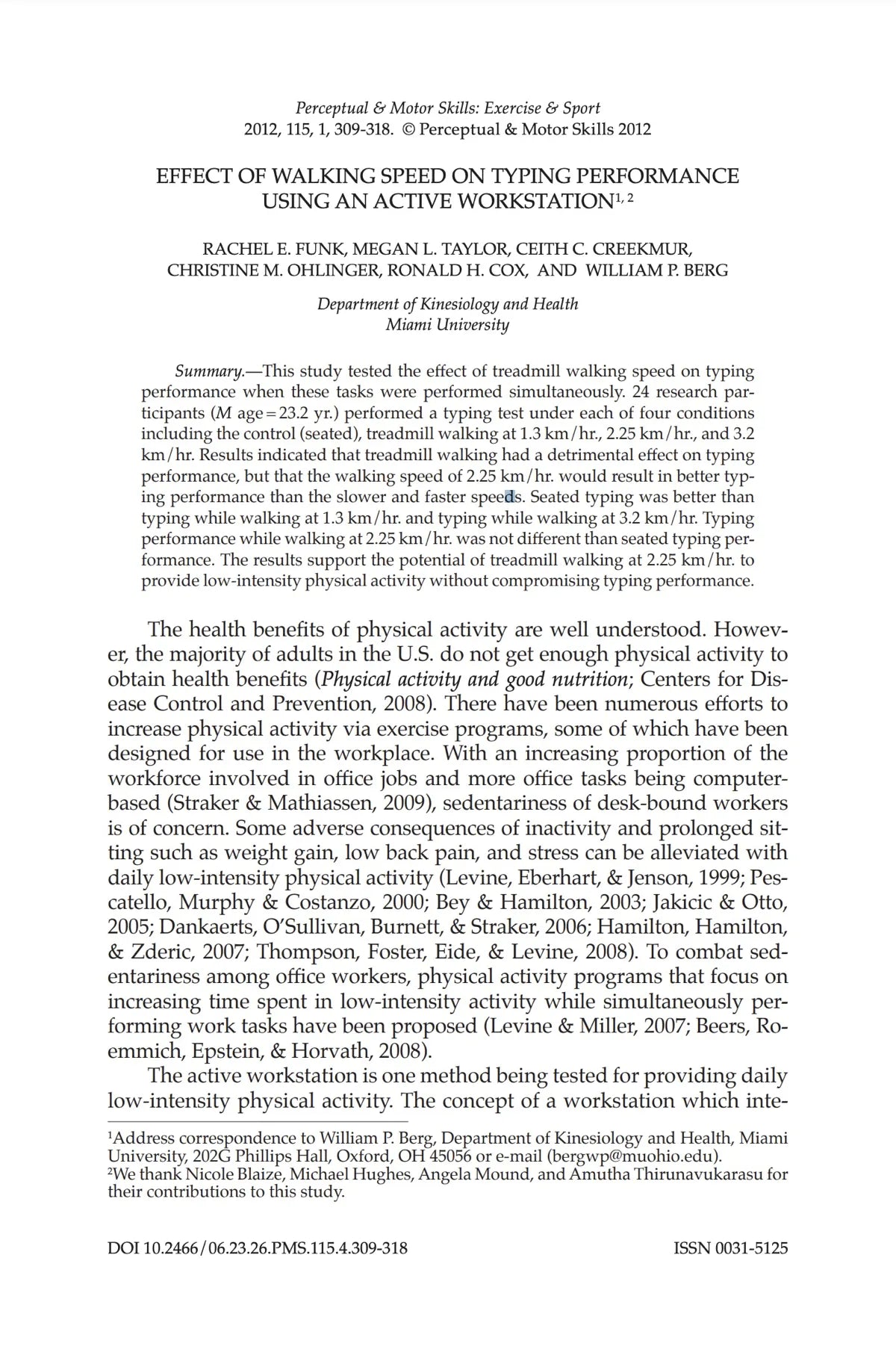 A scientific journal article titled Effect of Walking Speed on Typing Performance Using an Active Workstation, detailing a study on how treadmill walking affects typing accuracy and speed, with authors and publication information shown.