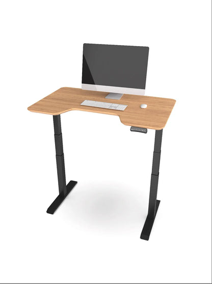 The Walkolution Core Desk is a modern standing desk with a solid beech wood top and black legs. It features a computer monitor, keyboard, mouse, and a digital control panel on the right side of this treadmill workstation.