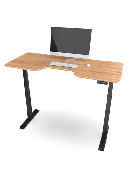 The Walkolution Core Desk is a solid beech wood sit-stand desk with black legs, an ergonomic curve, right-side electronic control panel, and ample space for a monitor, keyboard, and mouse—ideal for pairing with a treadmill workstation.