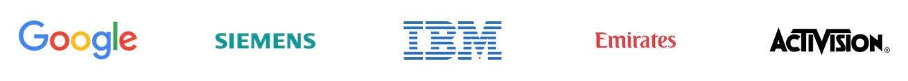 Logos of five companies: Google, Siemens, IBM, Emirates, and Activision, each displayed in their distinct brand styles and colors on a white background.