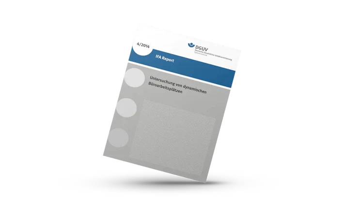 A report cover tilted on a light background, featuring the DGUV logo, the title IFA Report, and text in German. The design includes blue, gray, and white sections with three circular graphics on the left side.