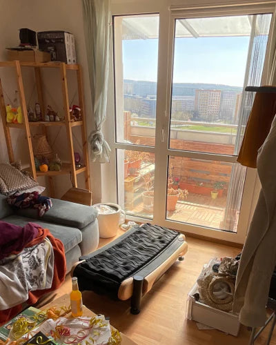 Bright living room with a gray sofa, cluttered wooden shelves, a small table, and a covered exercise machine. Large glass doors open to a sunny balcony with plants and a cityscape view in the background.