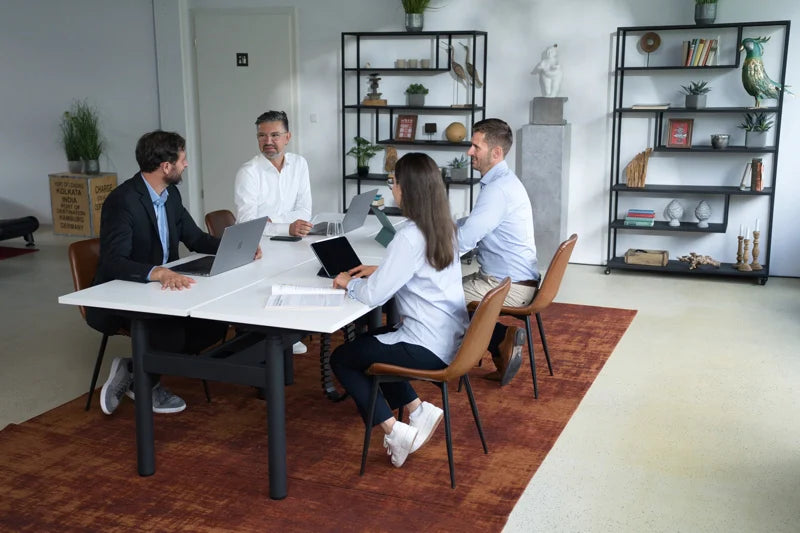 Four people sit around a conference table with laptops and papers, engaged in a meeting in a modern office with shelves, plants, and decorative objects in the background. Walkolution Global