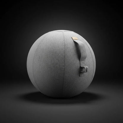 The Walkolution Active Sitting Ball, a gray fabric-covered ergonomic seat with a sturdy side handle, is set against a dark gradient background.