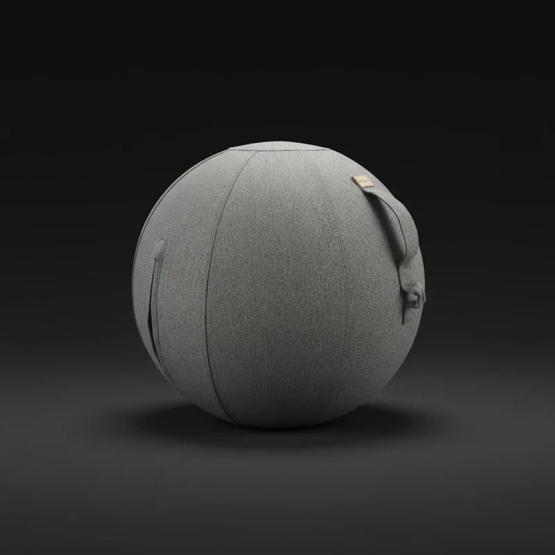 The Walkolution Active Sitting Ball offers ergonomic seating with a gray fabric cover, handle, and zipper pocket—ideal for any space and shown here against a dark background.