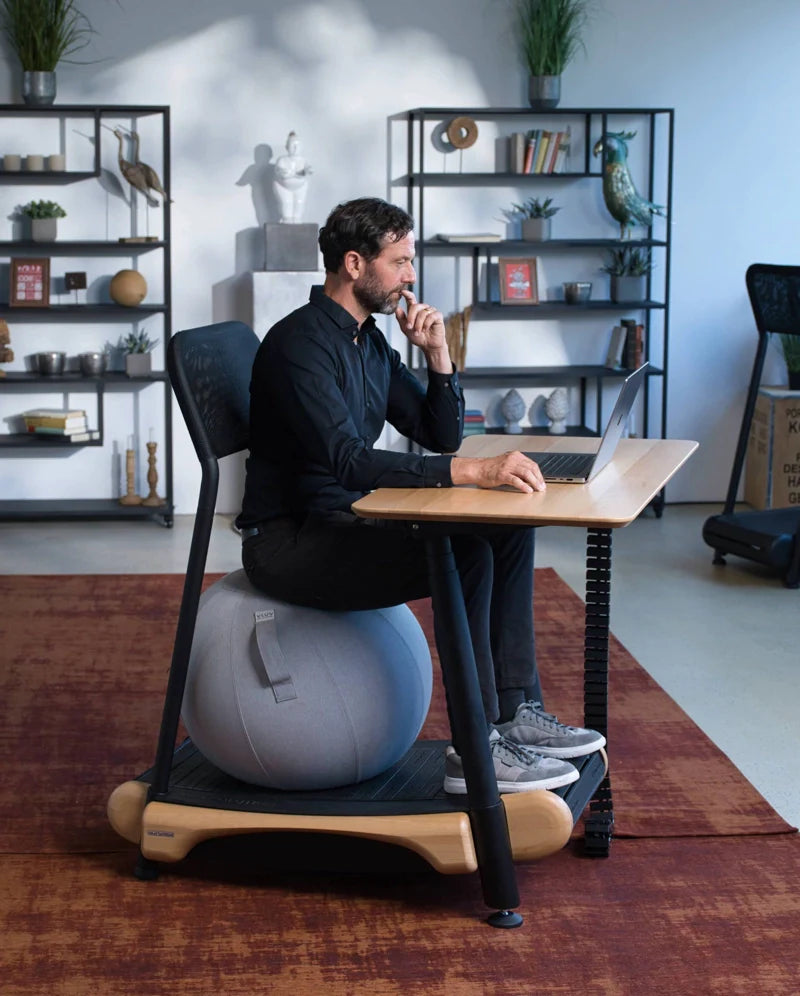 A man in black clothing sits on a gray exercise ball at a wooden desk, working on a laptop. The room has shelves with plants, books, and decor, and a reddish-brown rug covers the floor. Walkolution Global