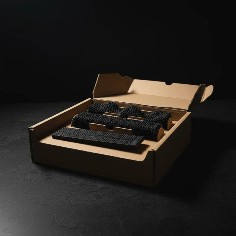 A brown cardboard box labeled "All Surfaces Sample Box" sits open on a dark surface, revealing neatly arranged black textured treadmill samples designed for barefoot comfort, highlighted by dramatic lighting.