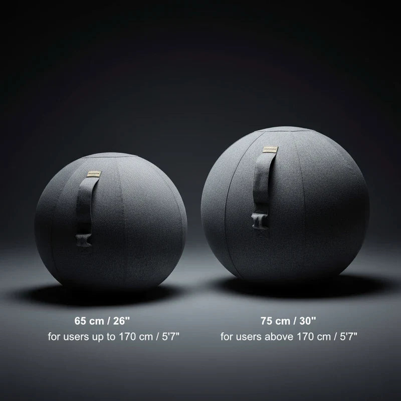 Two gray Walkolution Active Sitting Balls with handles are displayed side by side. The 65 cm ball suits users up to 170 cm tall, while the 75 cm version is ideal for those above 170 cm, both offering ergonomic seating.