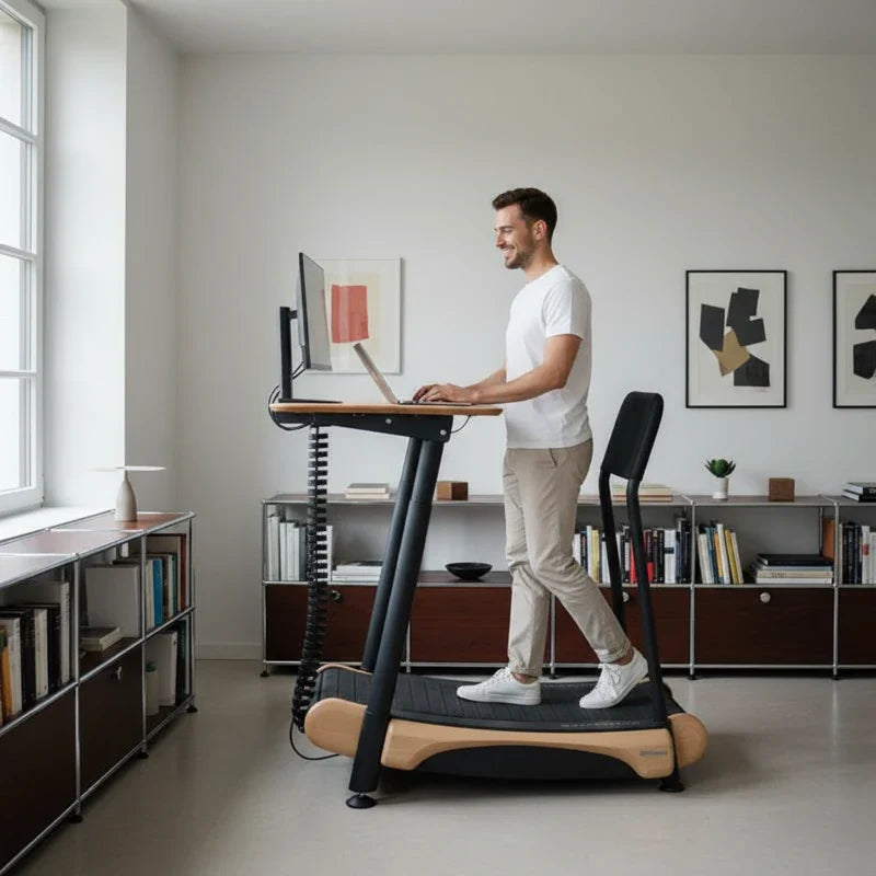 A man stands on a treadmill desk, walking while working on a computer in a modern, bright home office with shelves, books, and framed art on the walls.