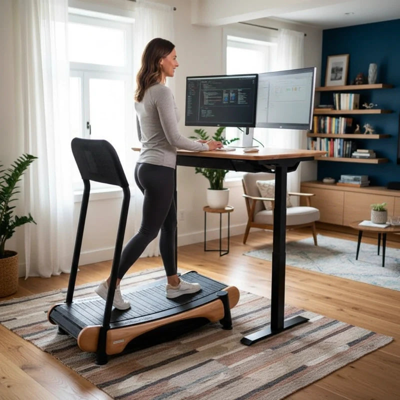 A woman uses a treadmill desk while working on two computer monitors in a bright, modern home office with wooden floors, plants, bookshelves, and large windows.