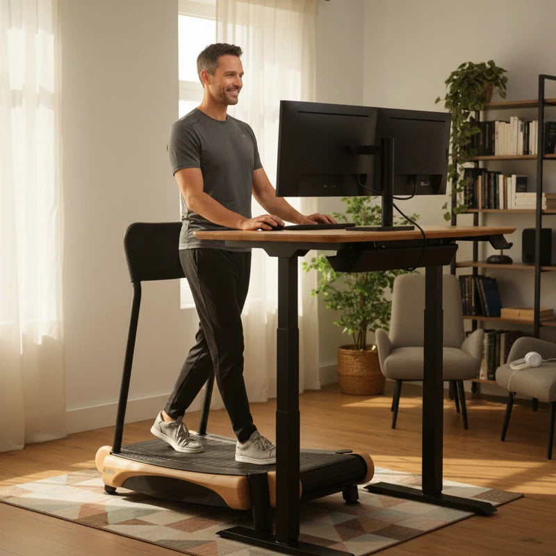 A man works on a computer using the Walkolution Core Desk, a solid beech wood standing desk paired with a treadmill workstation, in a bright modern home office with shelves, a chair, and large windows bringing in natural light.