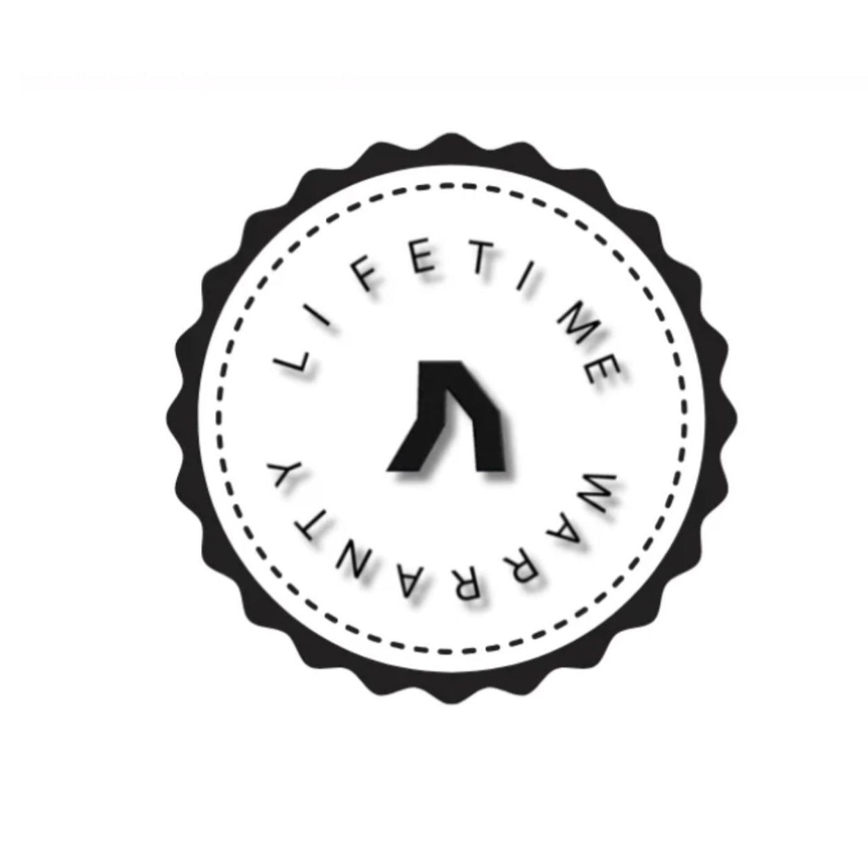 A circular black and white badge with a scalloped edge and dashed border. Inside, the text “LIFETIME WARRANTY” is curved around a central black checkmark, all slightly rotated.