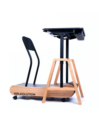 The Walkolution Pro Desk features a wooden manual treadmill with a black backrest, an ergonomic height-adjustable frame, and a premium leather tabletop in a minimalist design. The treadmill’s side displays the WALKOLUTION branding.