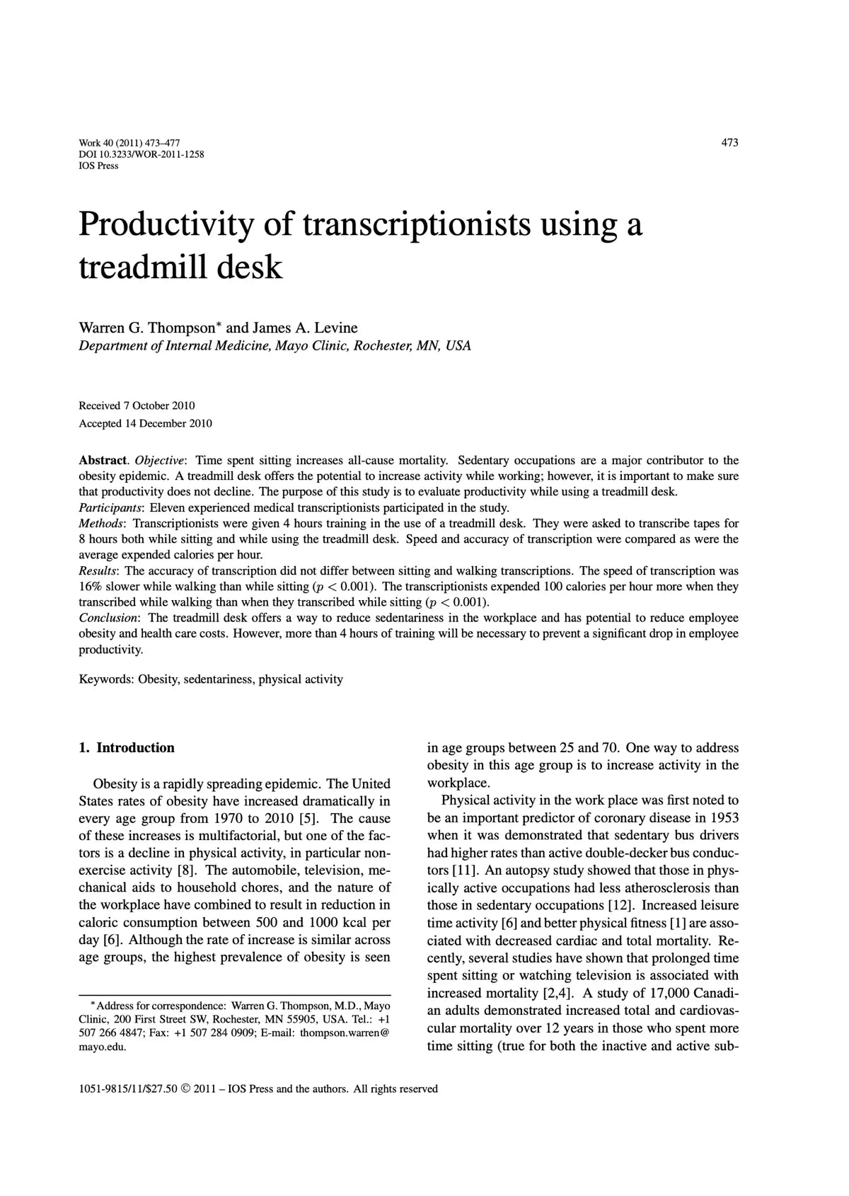 A scientific journal article titled “Productivity of transcriptionists using a treadmill desk” by Warren G. Thompson and James A. Levine, showing the abstract, introduction, and contact information for the authors.