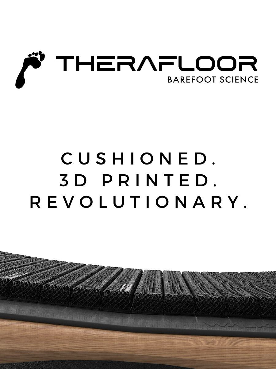 Therafloor Barefoot Science logo with a black footprint icon. Text below reads: Cushioned. 3D printed. Revolutionary. Image shows a close-up of a black, textured, layered mat or flooring at the bottom. Walkolution Global