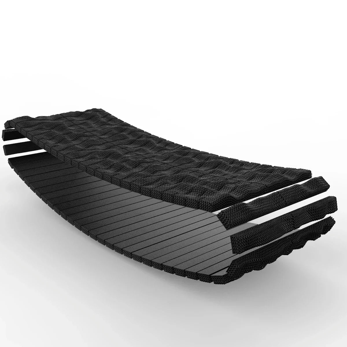 The TheraFloor® Home Upgrade-Kit for Walkolution 1 is a curved, rectangular black cushioned mat with a ribbed underside and textured, grid-like top, designed to provide an anti-fatigue walking surface.