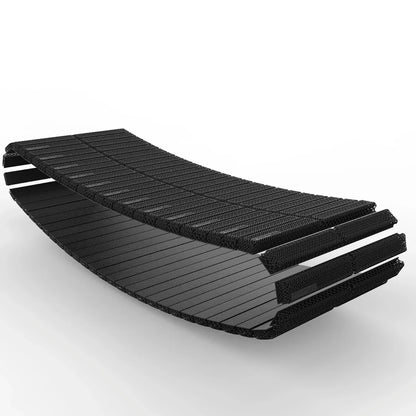 The TheraFloor® Home Upgrade-Kit for Walkolution 1 is a black, curved, slatted platform with open sides, featuring a modern minimalist design reminiscent of stylish furniture, shown against a plain white background.