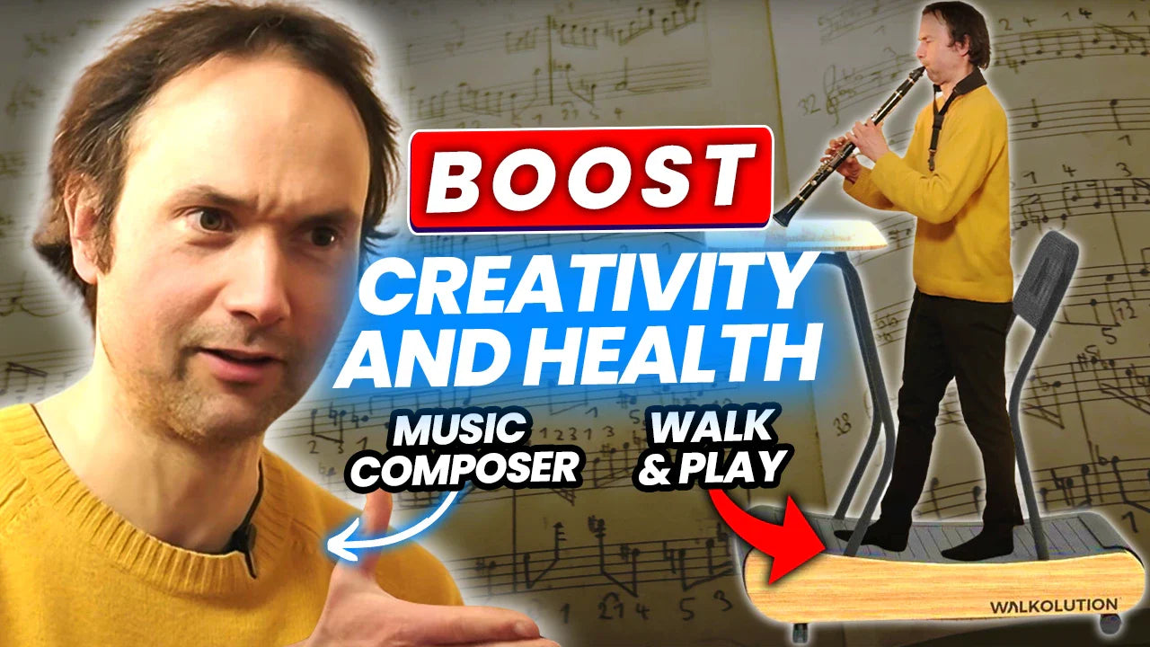 A man in a yellow sweater plays a clarinet while walking on a treadmill desk. Large text reads BOOST CREATIVITY AND HEALTH. Background features sheet music. Labels point to the man: MUSIC COMPOSER and WALK & PLAY.