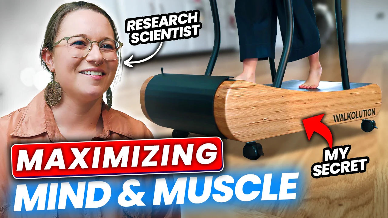 A smiling woman with glasses labeled Research Scientist is beside a wooden treadmill labeled My Secret; text on the image reads Maximizing Mind & Muscle.
