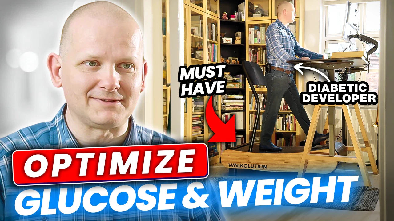A man uses a treadmill desk in a home office. Bold text reads OPTIMIZE GLUCOSE & WEIGHT. Arrows point to him with labels MUST HAVE and DIABETIC DEVELOPER. He is also shown smiling in a close-up.