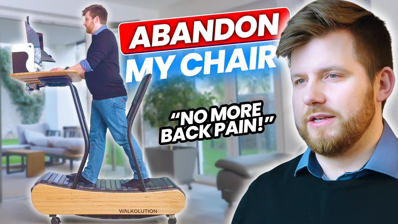 A man uses a standing treadmill desk indoors. Large bold text reads ABANDON MY CHAIR and NO MORE BACK PAIN! His face is shown close-up on the right. The room is bright with large windows.