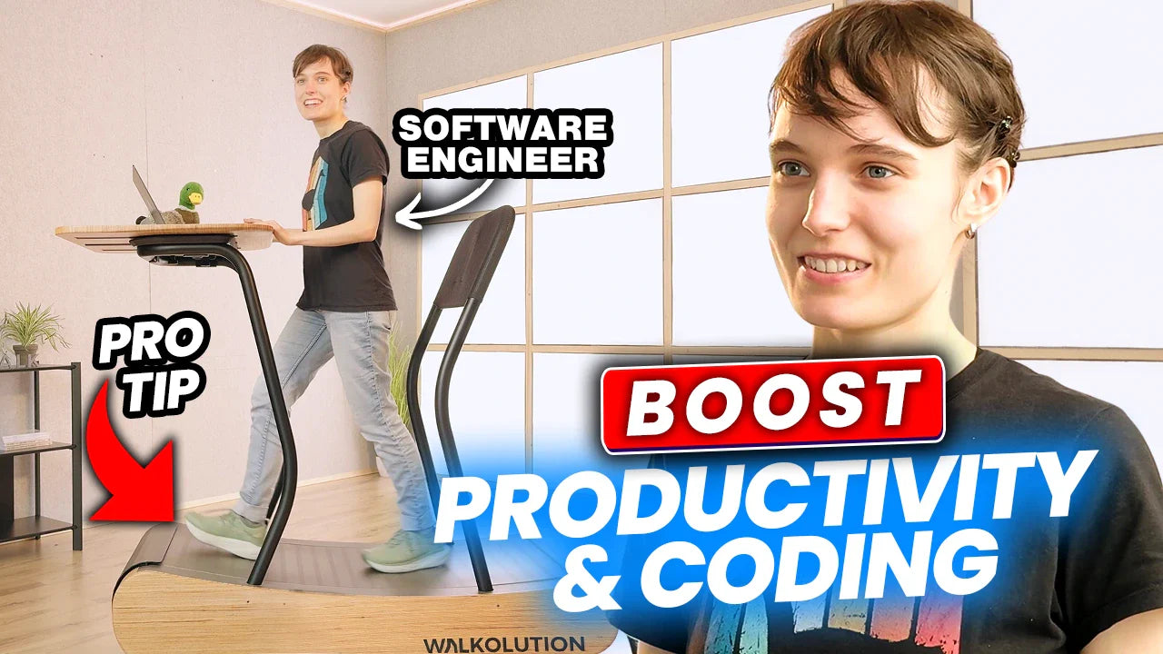 A person walks on a treadmill desk while working on a laptop. Text reads PRO TIP, SOFTWARE ENGINEER, and BOOST PRODUCTIVITY & CODING. The person smiles, and the setting is bright and modern.