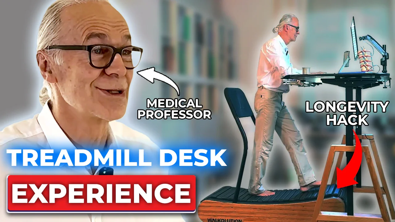 A smiling older man with glasses and gray hair is labeled Medical Professor. Next to him, he walks on a treadmill desk, labeled Longevity Hack. Bold text reads Treadmill Desk Experience. Shelves and monitors are in the background.