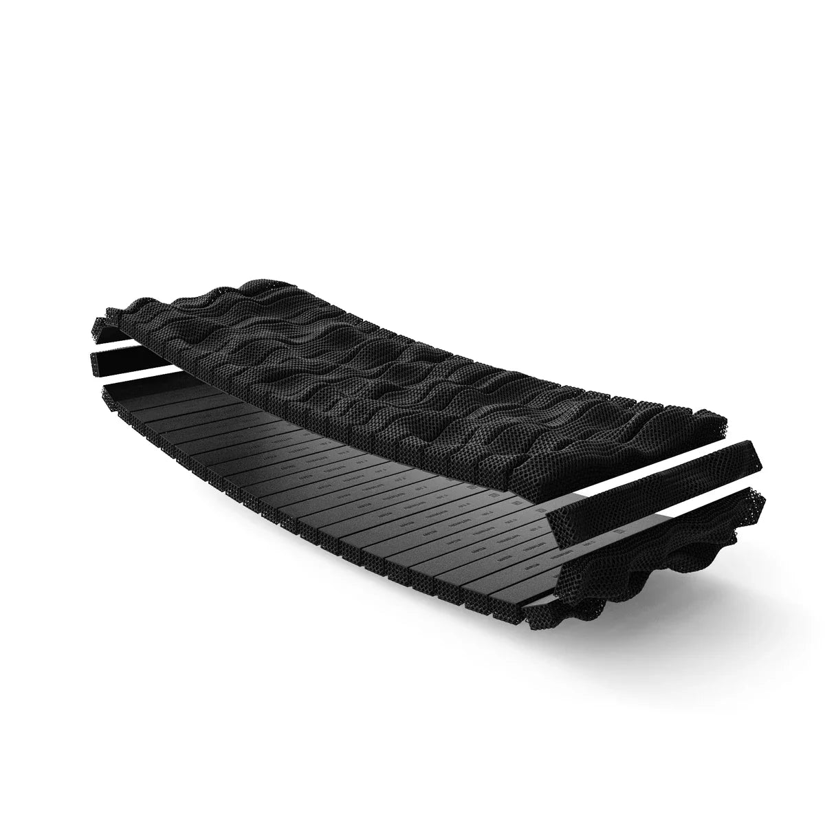 The TheraFloor® Home Upgrade-Kit for Walkolution 1 is a black, curved rectangular structure with a wavy textured anti-fatigue surface and horizontal slats below, secured by two flat side bands.