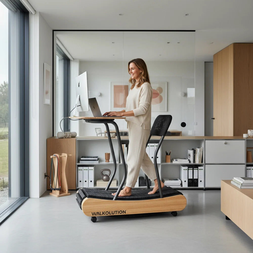 A woman in light loungewear uses the Walkolution 1 manual treadmill as she works at her computer in a bright, minimalist home office with large windows, maximizing her walking desk setup.