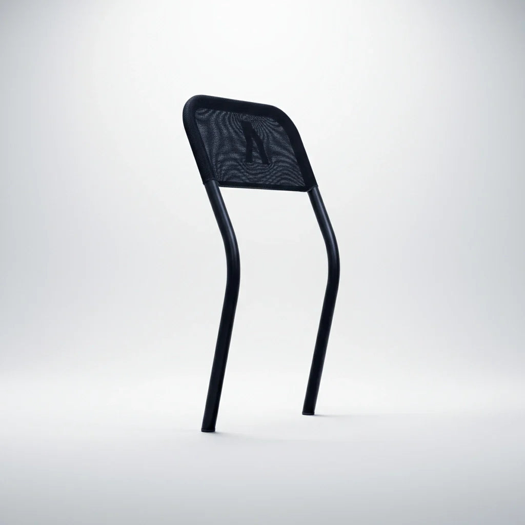 A black Walkolution 1 Stool Attachment with two legs stands upright on a white background, its minimalist design ideal as a backrest for active workspaces paired with a Walkolution treadmill.