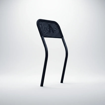 A black Walkolution 1 Stool Attachment with two legs stands upright on a white background, its minimalist design ideal as a backrest for active workspaces paired with a Walkolution treadmill.