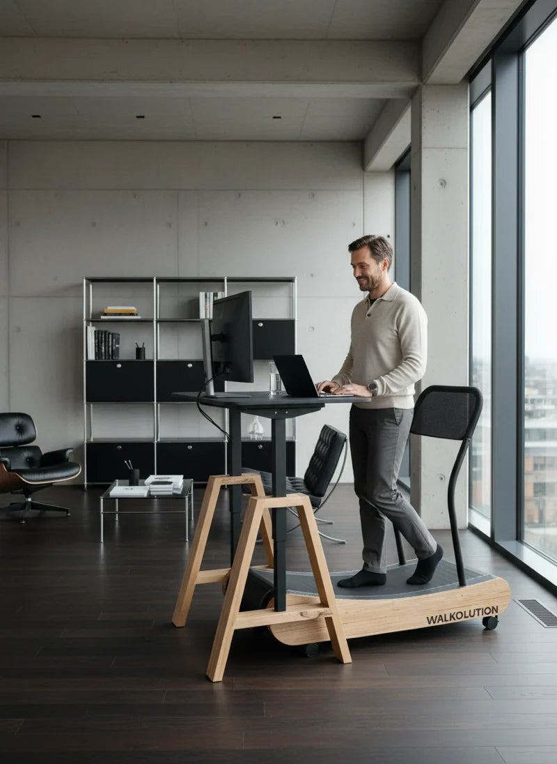 A man uses a Walkolution 1 manual treadmill at his standing desk with a computer in a modern office featuring large windows and dark wood floors. Walkolution Global