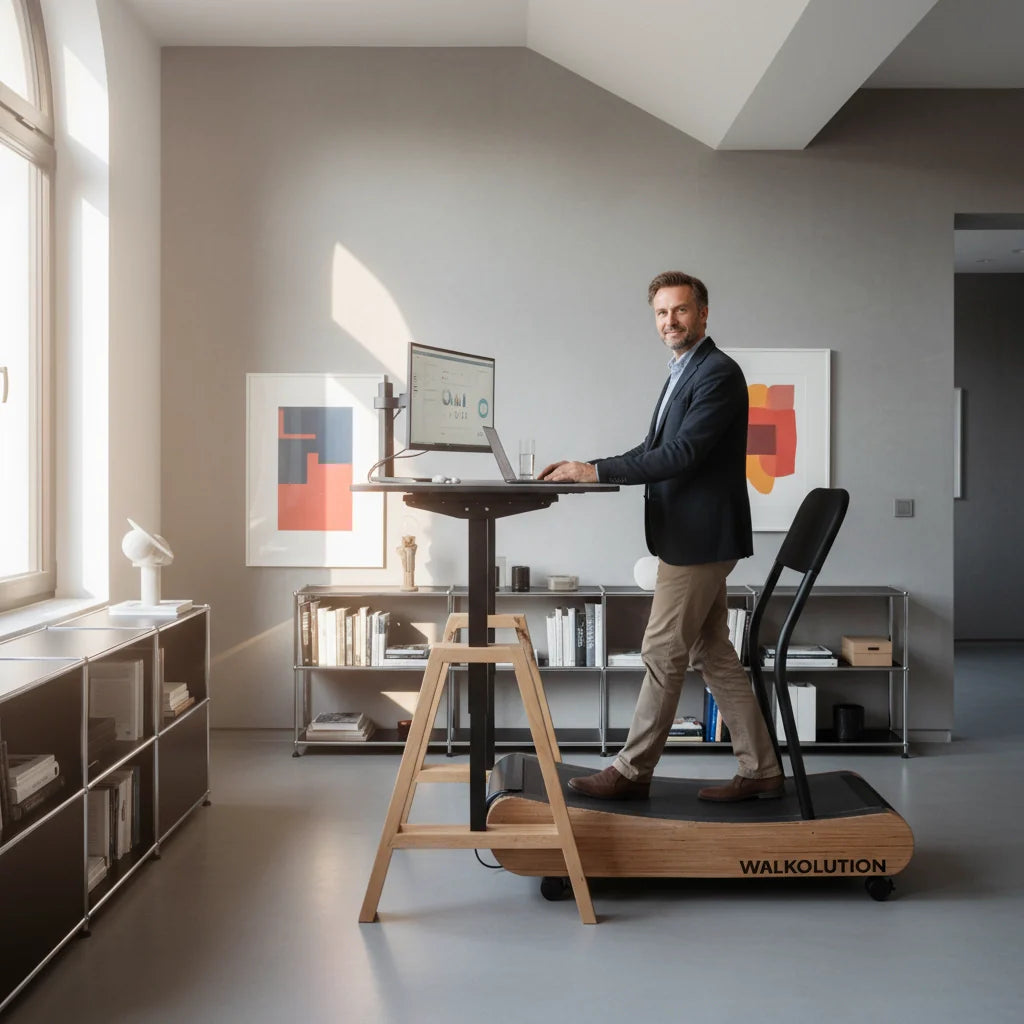 A man in business attire works at a standing desk with a computer while walking on a treadmill in a modern, bright office with shelves and framed art on the walls.