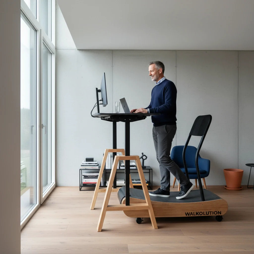 A man works on a laptop at a standing desk while walking on a treadmill in a modern, bright home office with large windows and minimalist decor.
