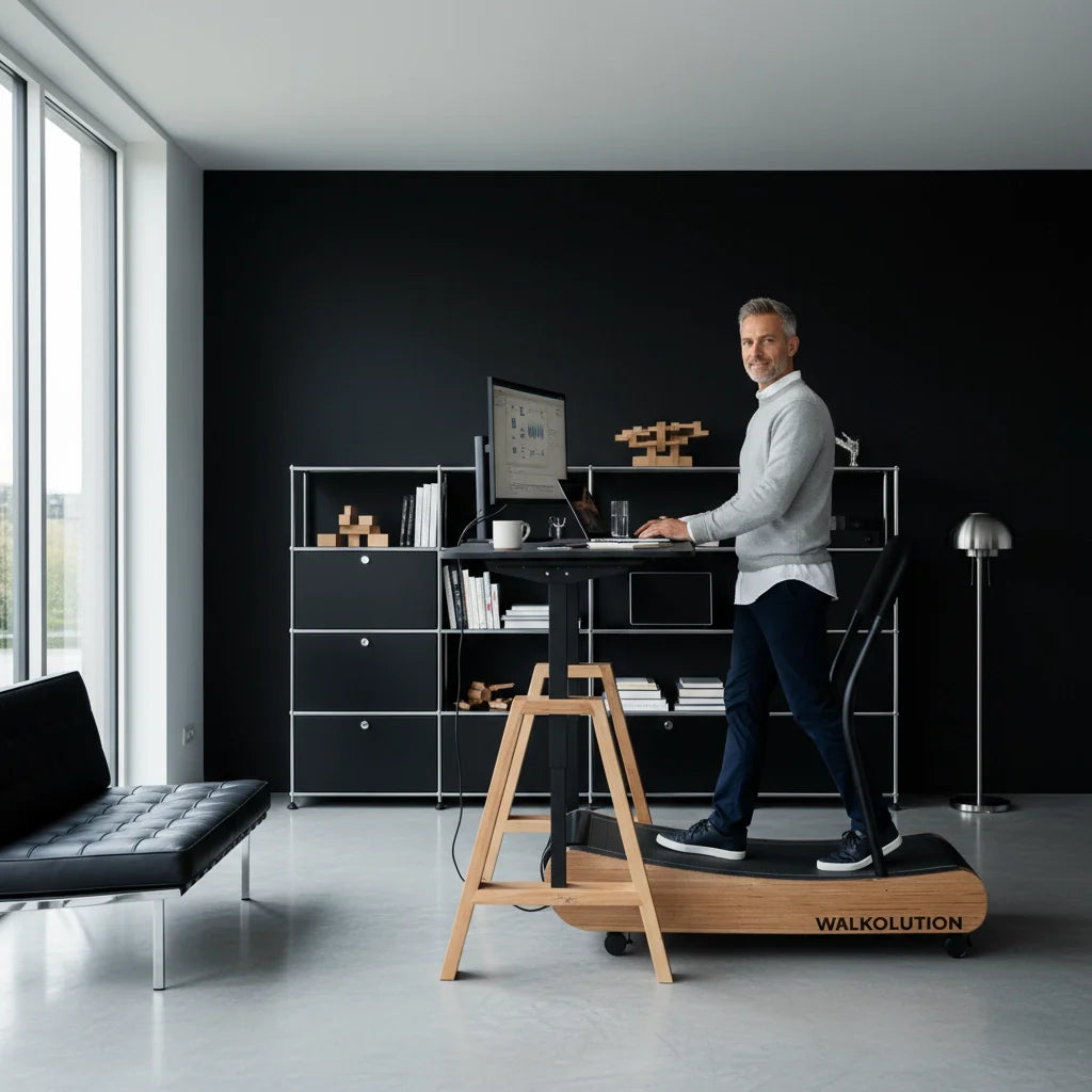 A man works at a standing desk with a computer while walking on a treadmill in a modern, minimalist office with black and white furniture and large windows.