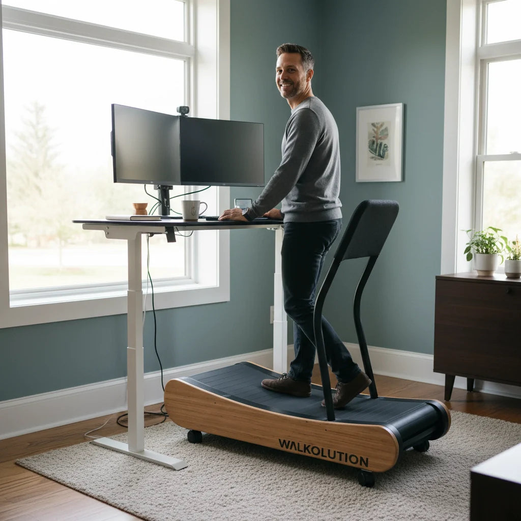 A man smiles while working at a standing desk with dual monitors, walking on a treadmill desk labeled Walkolution in a bright, modern home office with large windows and green walls.