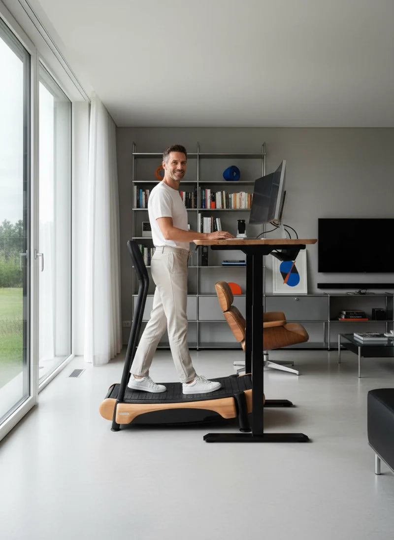 A man in casual clothes uses the Walkolution 2 manual office treadmill while working on his computer in a modern home office with large windows, a bookshelf, and minimalist decor for a productive atmosphere.