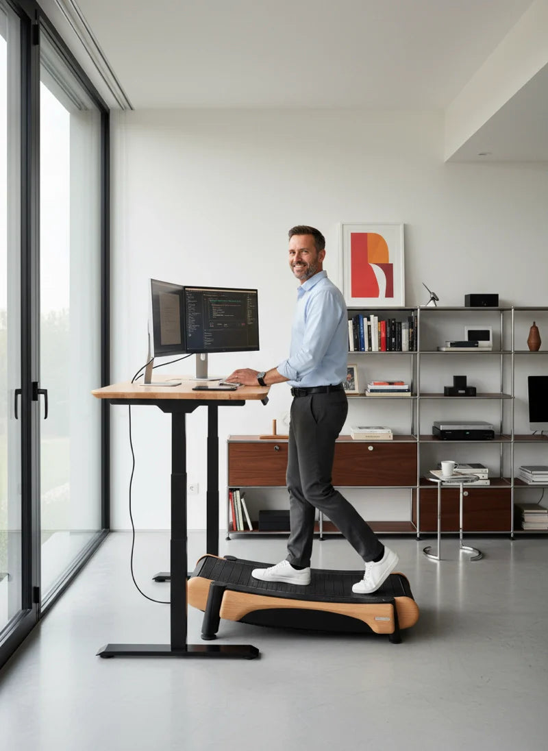 A man in business attire smiles while working at a standing desk with two monitors. He is walking on a treadmill desk in a modern, bright office with shelves and large windows. Walkolution Global