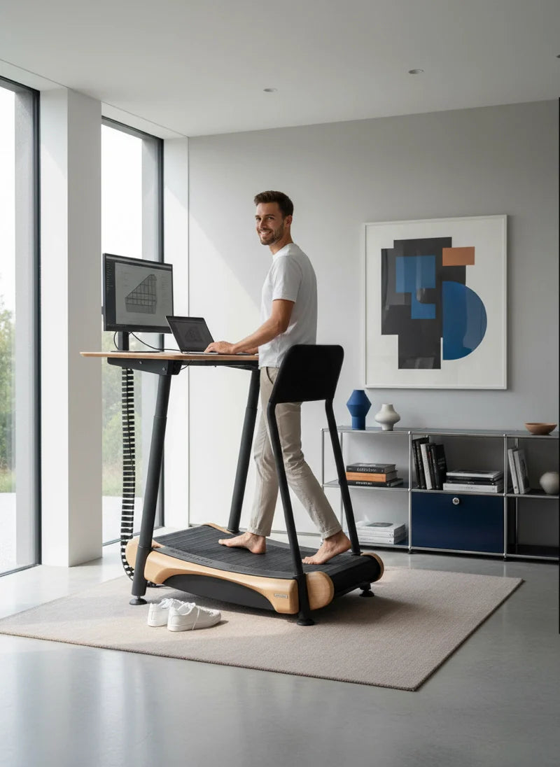 A man smiles while working at a standing desk with a Walkolution 2 motorless office treadmill in a modern, bright room. Barefoot, his white sneakers are beside the treadmill and contemporary art decorates the background.
