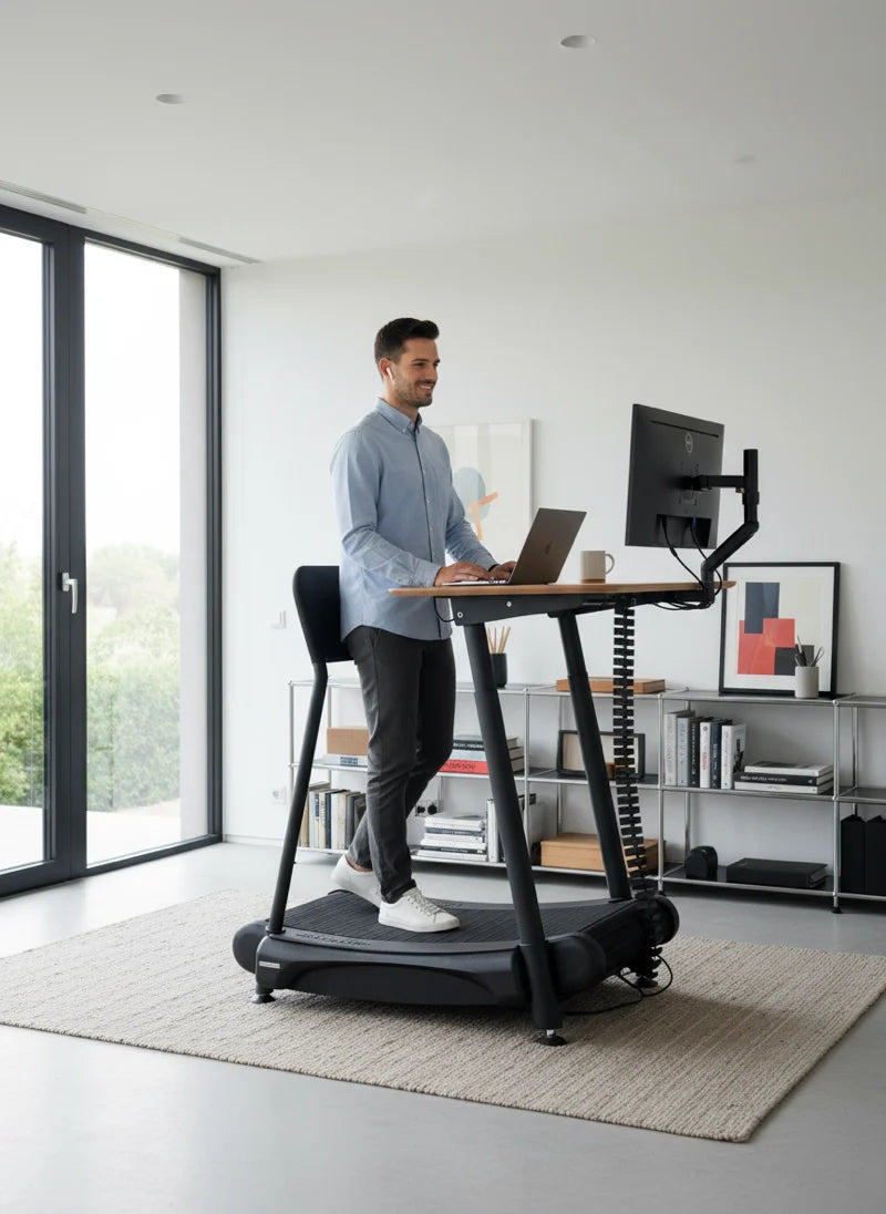A man uses the Walkolution 2 manual office treadmill at a standing desk in a bright, modern office, walking while working on his laptop. Large windows and shelves are visible in the background.