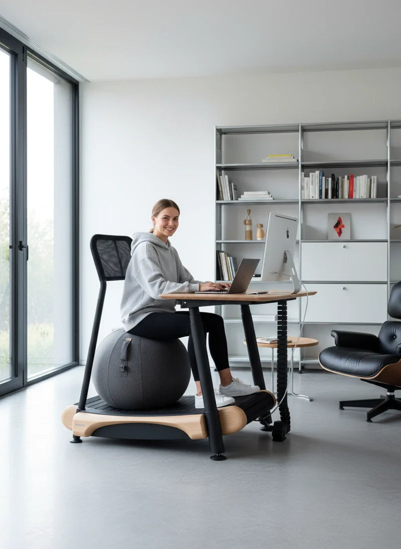 A woman in a gray hoodie works on a laptop at a modern desk in a bright office, seated comfortably, making the space ideal for using the Walkolution 2—a sleek, motorless office treadmill for walking while you work.