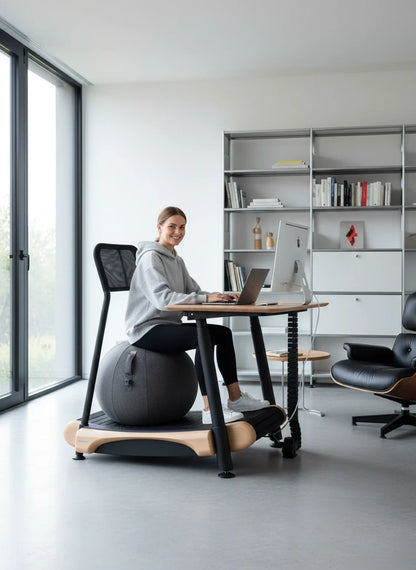 A woman in a gray hoodie works on a laptop at a modern desk in a bright office, seated comfortably, making the space ideal for using the Walkolution 2—a sleek, motorless office treadmill for walking while you work.