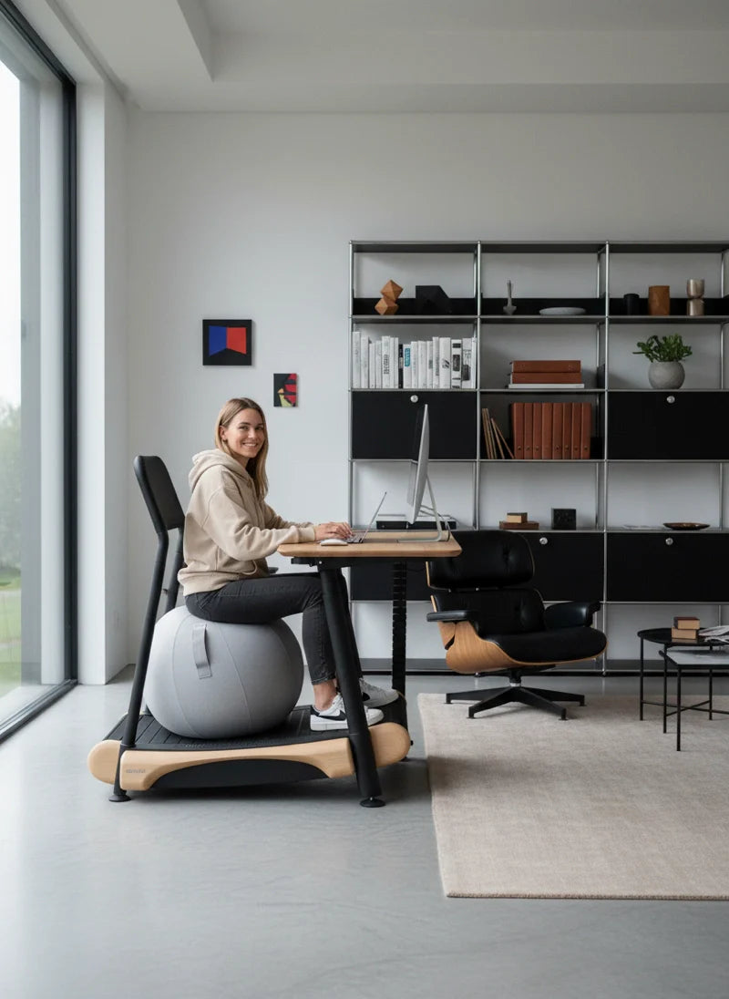 A woman works on her laptop at a Walkolution Fusion Desk in a bright, minimalist home office with shelves, books, and decor. She sits on an exercise ball chair, while large windows fill the space with natural light.