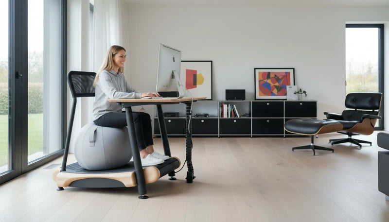 A woman sits on an exercise ball chair at a desk in a modern, bright home office, working on a desktop computer. The room features minimalist decor, artwork, and a lounge chair. Walkolution Global