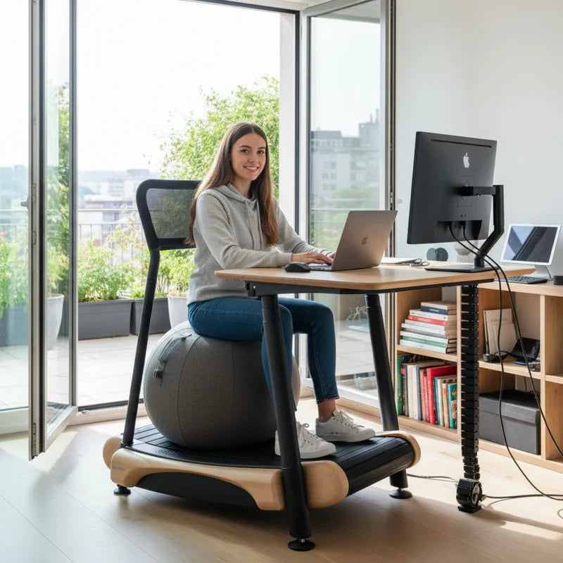 A woman sits at a desk on an exercise ball chair, working on a laptop and desktop computer in a modern, bright home office with large windows and a balcony view.