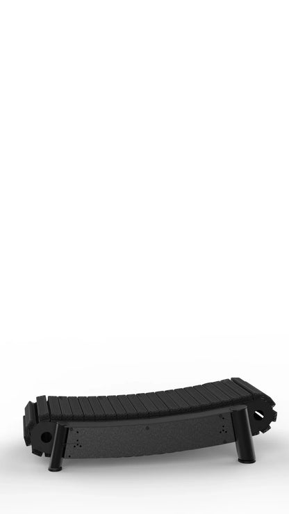 The Walkolution 2, a small, curved black bench with thick legs, features a modern, minimalist design that pairs perfectly with manual office treadmills for walking while you work. Shown here against a plain white background.