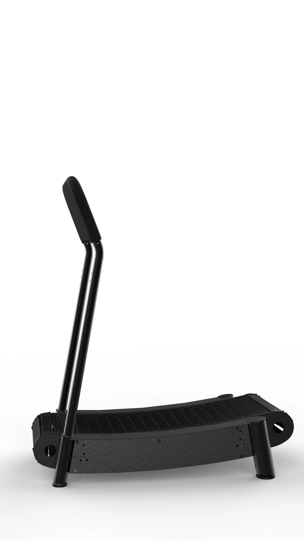 The Walkolution 2 is a black, curved manual office treadmill with a minimalist design, slanted handlebar, and sturdy legs—ideal for walking while you work. Shown against a plain white background.