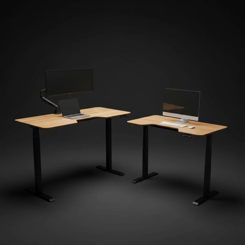 Two modern adjustable standing desks with wooden tops and black legs are displayed. One desk has a monitor, laptop, and keyboard, while the other has a desktop computer, keyboard, and mouse, all against a dark background. Walkolution Global