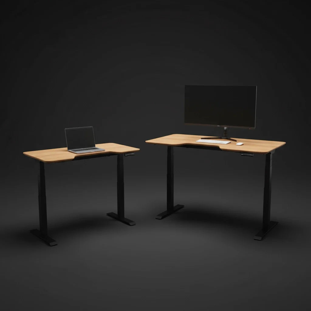 Two Walkolution Core Desks made of solid beech wood with black metal legs are shown: one holds a closed laptop, the other features a large monitor, keyboard, and mouse, all set against a dark background.
